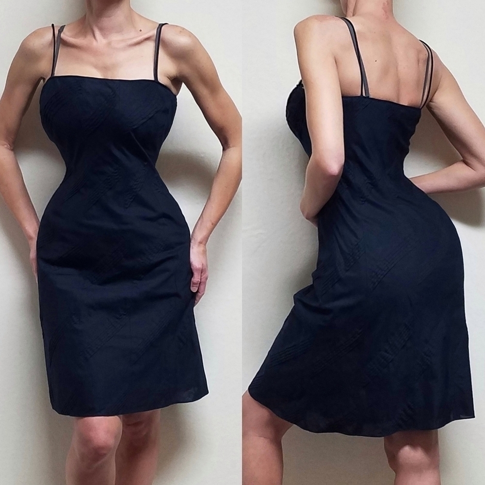 𝅺VINTAGE 90s Ann Taylor Cotton Navy Blue Spaghetti Strap Pleated Midi Dress 2